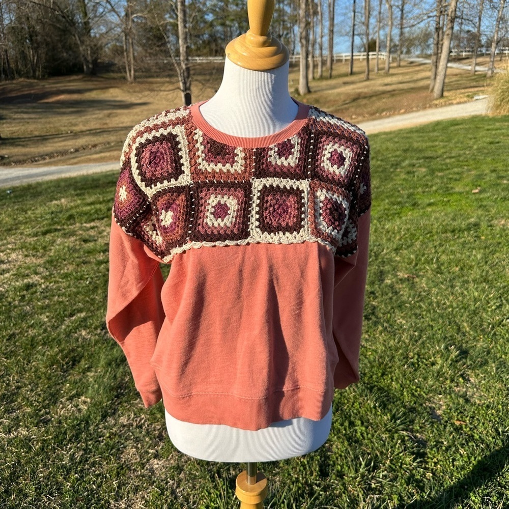 Lucky Brand Pink and Brown Boxy Sweatshirt with 3/4 Sleeves